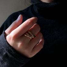Load image into Gallery viewer, Peri&#39;sBox Triple Line Crossed Gold Color Ring Twisted Geometric Rings for Women Minimalist Rings Adjustable Simple Jewelry Gifts
